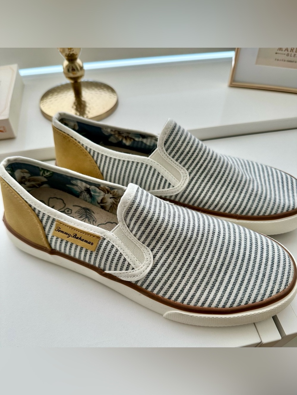 Tommy Bahama White and Navy Striped Slip-On Sneakers